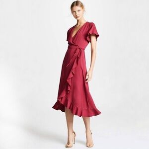 LOYD/FORD Flutter Sleeve Studded Ruffle Midi Wrap Dress Raspberry Red 0 / XS